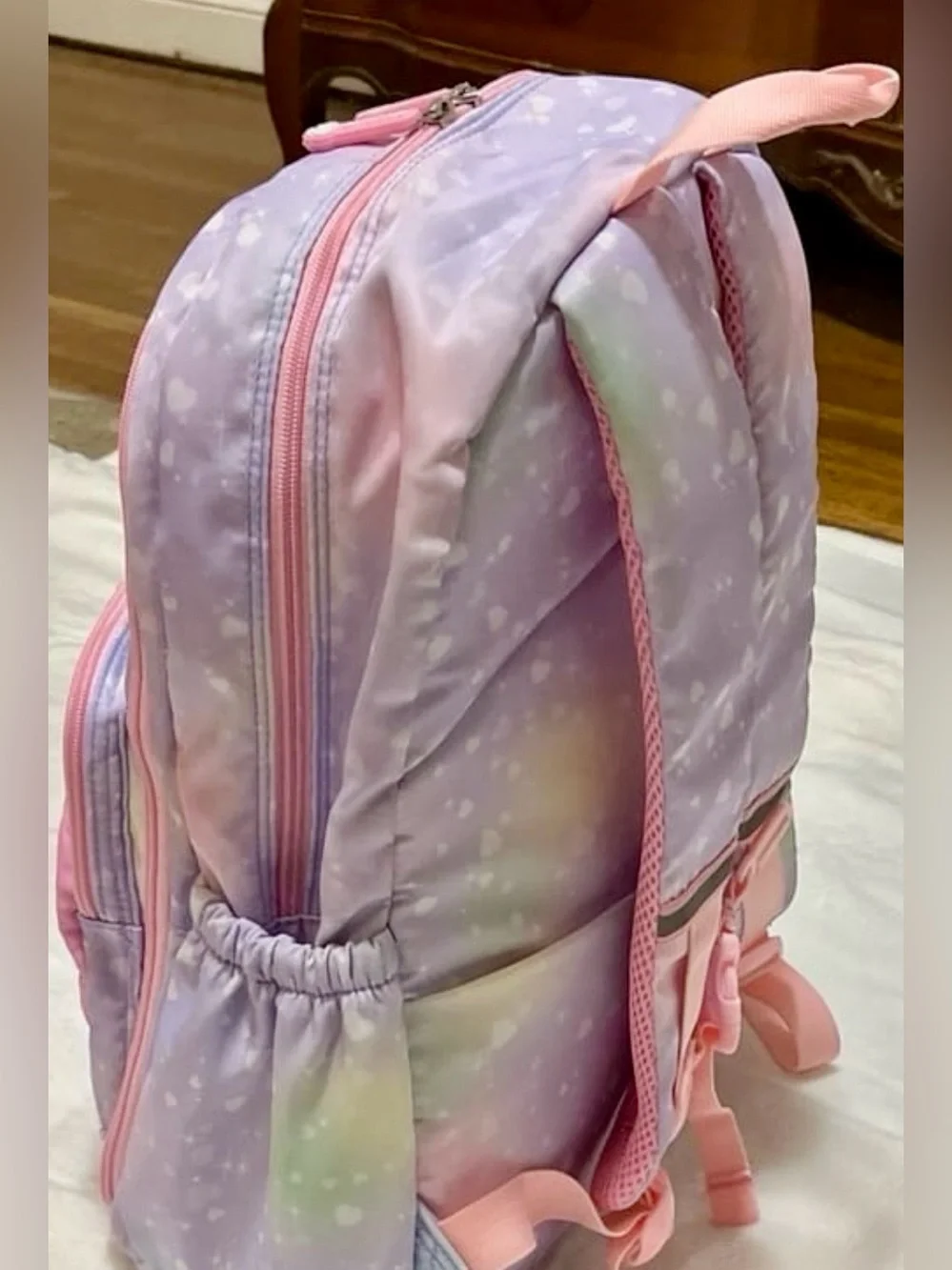 Backpack W/ keychain coin purse and snack box. Rainbow pastel kids bookbag